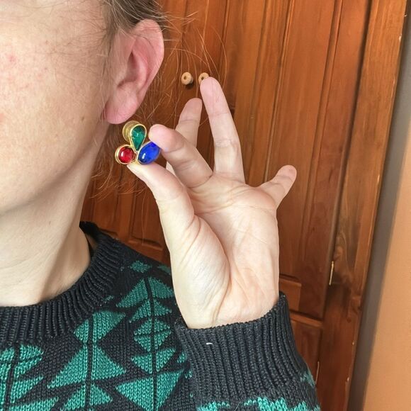 Art Deco Clear Red Blue and Green Cabo Style Glass Statement Post Earrings - Picture 4 of 5